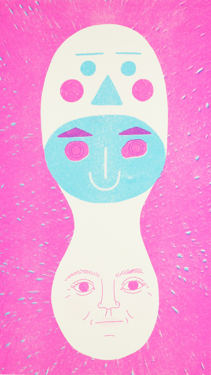 Wearing another mask, 11"x17", Risograph Print.